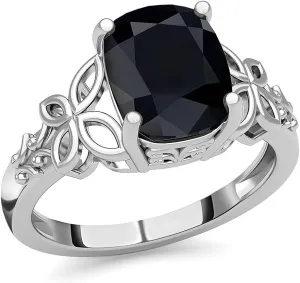 Black Tourmaline Ring in 925 Sterling Silver - October Birthstone Rings for Women - Engagement Promise Floral Statement Vintage Solitaire Tourmaline Jewelry Birthday Gifts