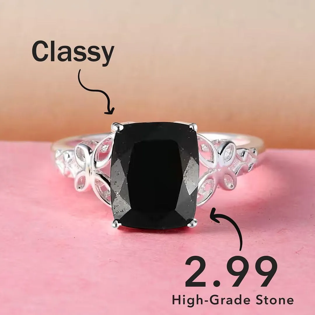 Black Tourmaline Ring in 925 Sterling Silver - October Birthstone Rings for Women - Engagement Promise Floral Statement Vintage Solitaire Tourmaline Jewelry Birthday Gifts