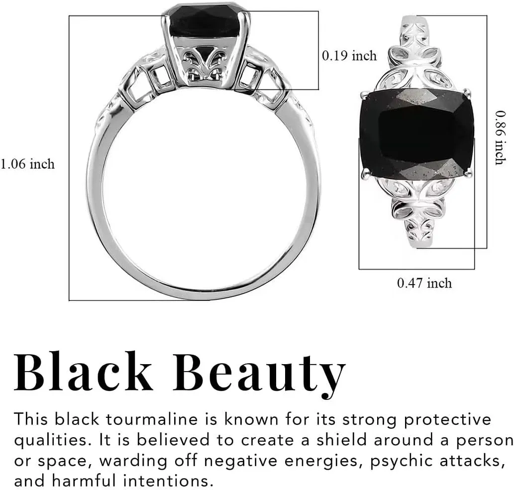 Black Tourmaline Ring in 925 Sterling Silver - October Birthstone Rings for Women - Engagement Promise Floral Statement Vintage Solitaire Tourmaline Jewelry Birthday Gifts