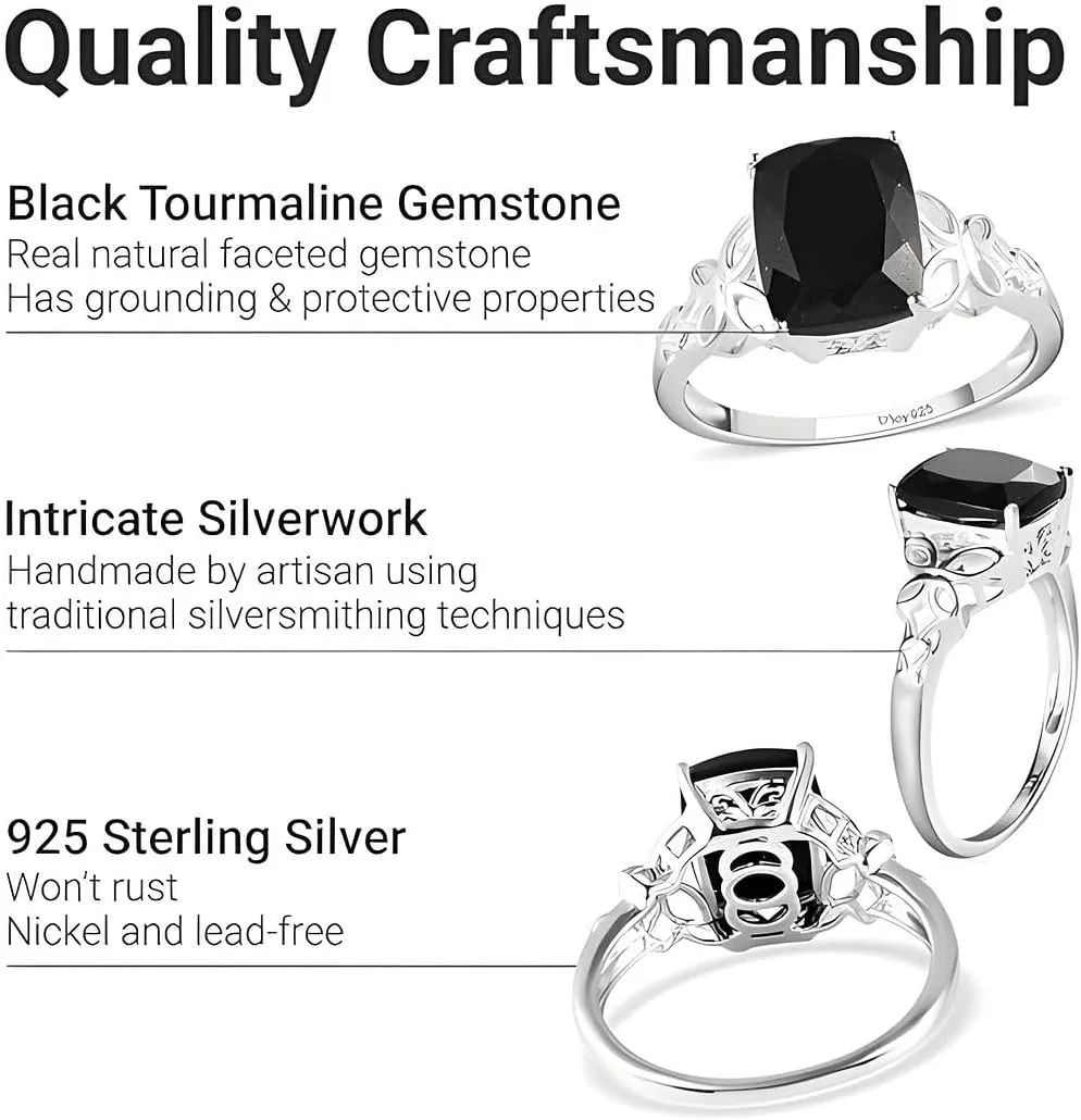 Black Tourmaline Ring in 925 Sterling Silver - October Birthstone Rings for Women - Engagement Promise Floral Statement Vintage Solitaire Tourmaline Jewelry Birthday Gifts