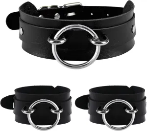 Black Wide Soft Faux Leather Collar Choker and Bracelets Set,Adjustable Thick PU Necklace for Mens Womens,Circle Ring Charms