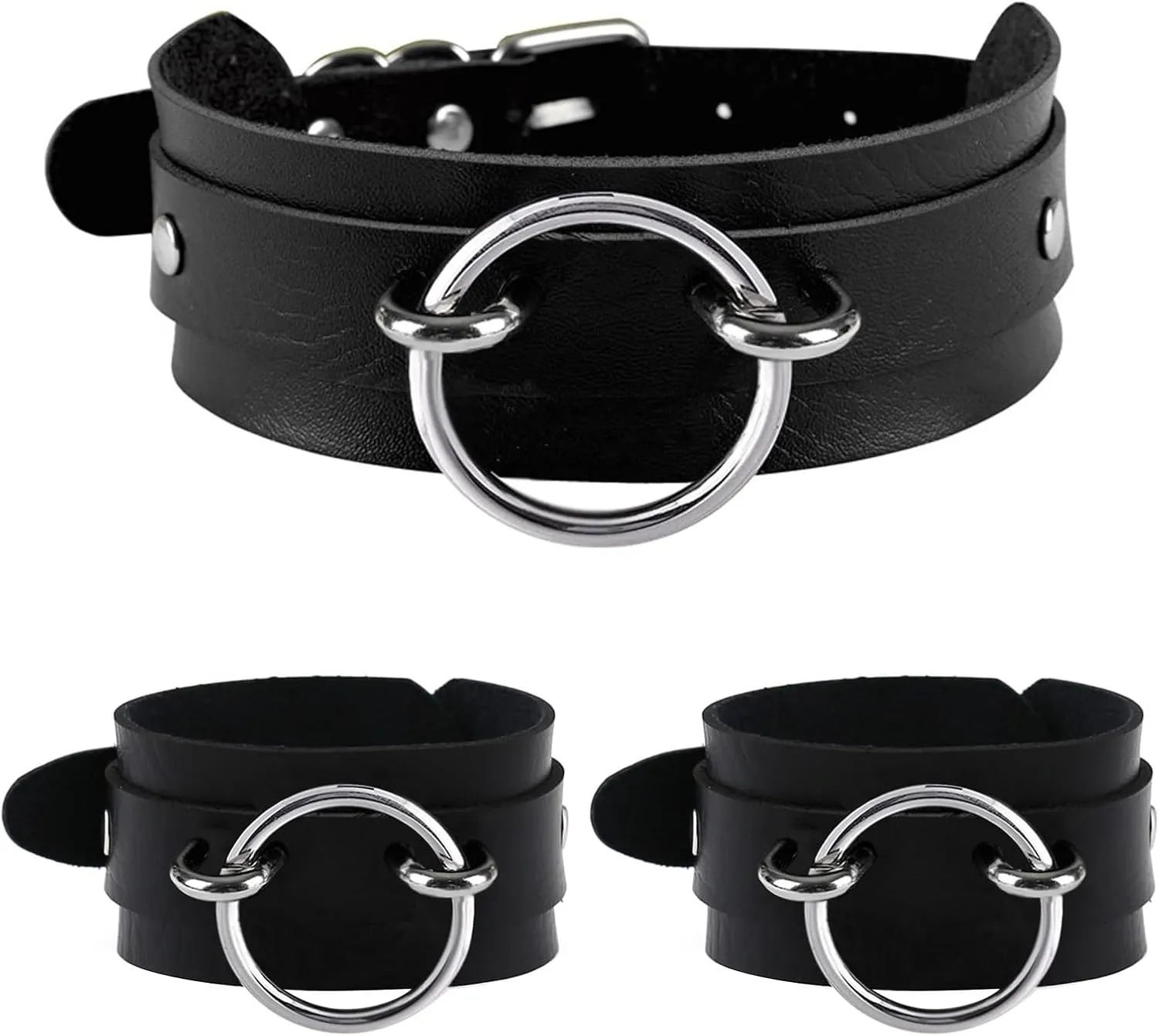 Black Wide Soft Faux Leather Collar Choker and Bracelets Set,Adjustable Thick PU Necklace for Mens Womens,Circle Ring Charms