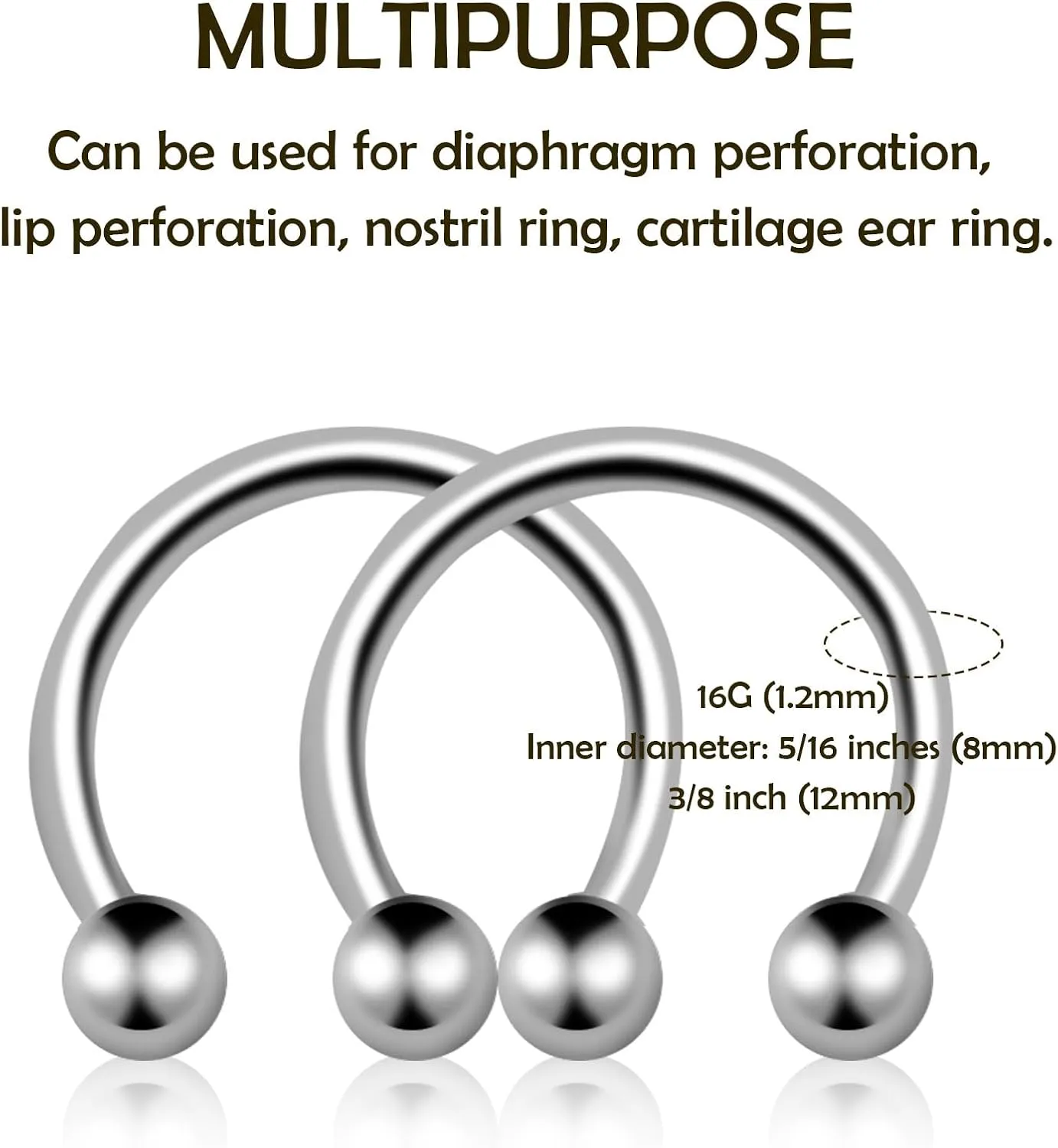 BLISI G23 Solid Titanium Horseshoe Septum Rings- 6pcs ASTM F136 Titanium Septum Jewelry 16G Nose Rings Hoop Helix Daith Cartilage Tragus Earrings 8mm 10mm