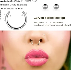 BLISI G23 Solid Titanium Horseshoe Septum Rings- 6pcs ASTM F136 Titanium Septum Jewelry 16G Nose Rings Hoop Helix Daith Cartilage Tragus Earrings 8mm 10mm
