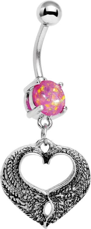 Body Candy Stainless Steel Iridescent Pink Accent Laurel Heart Dangle Belly Ring