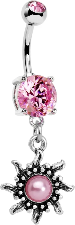 Body Candy Stainless Steel Pink Accent Frosted Pink Orb Spun Sun Dangle Belly Ring