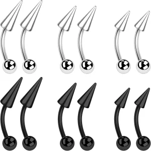 BodyAce 12PCS Spike Rook Earrings Eyebrow Rings, 316L Surgical Steel 16G Curved Barbell Cartilage Helix Earring, Lip Rings Tragus Daith Piercing Jewelry