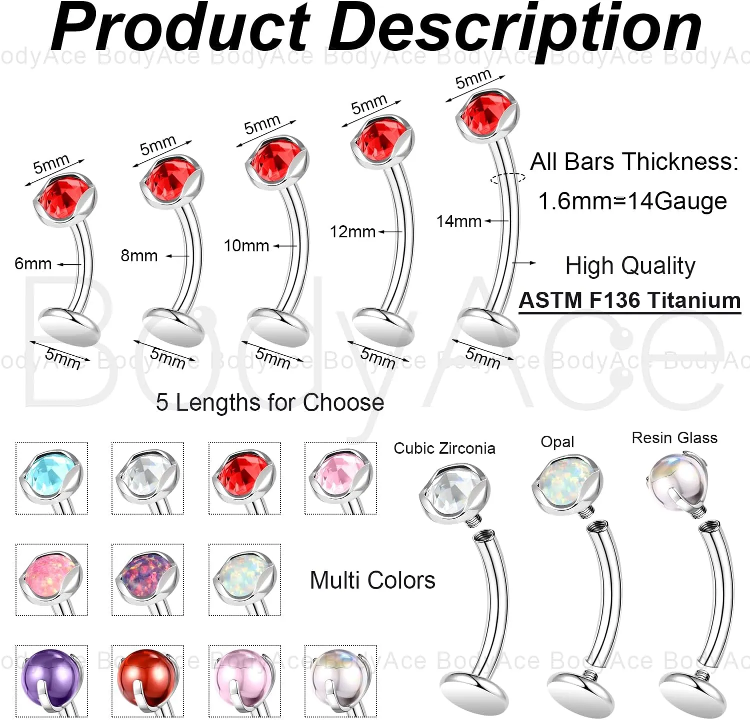 BodyAce ASTM F136 Titanium Belly Rings, 14G Internally Threaded Belly Button Long Barbells, 6/8/10/12/14mm Flat Back Belly Piercing Stud Navel Jewelry