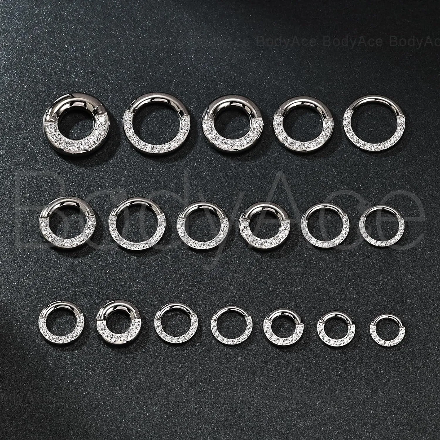 BodyAce CZ Hinged Segment Clicker PA Rings, 2G 4G 6G 8G 10G 12G Large Septum Nose Rings, Surgical Steel Spring Action BCR Ring Ear Gauges Earrings Hoops