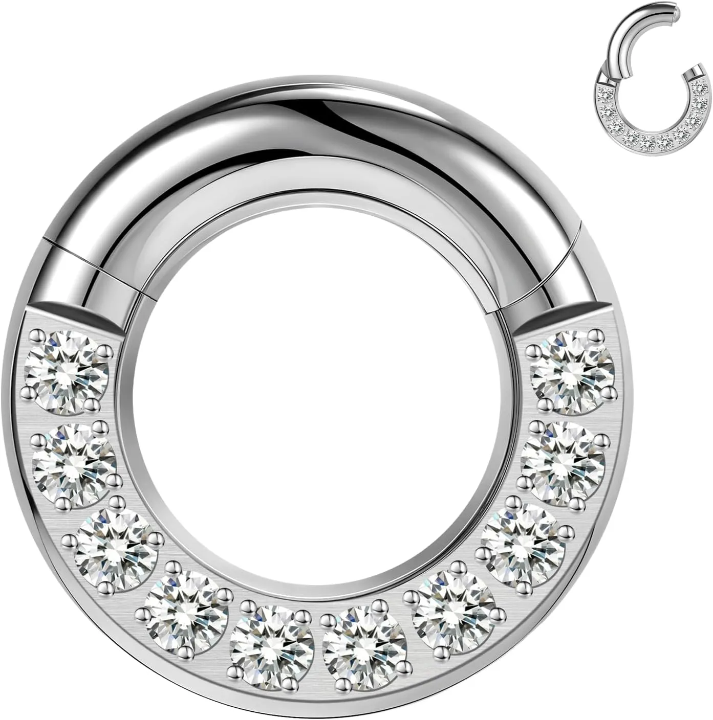 BodyAce CZ Hinged Segment Clicker PA Rings, 2G 4G 6G 8G 10G 12G Large Septum Nose Rings, Surgical Steel Spring Action BCR Ring Ear Gauges Earrings Hoops