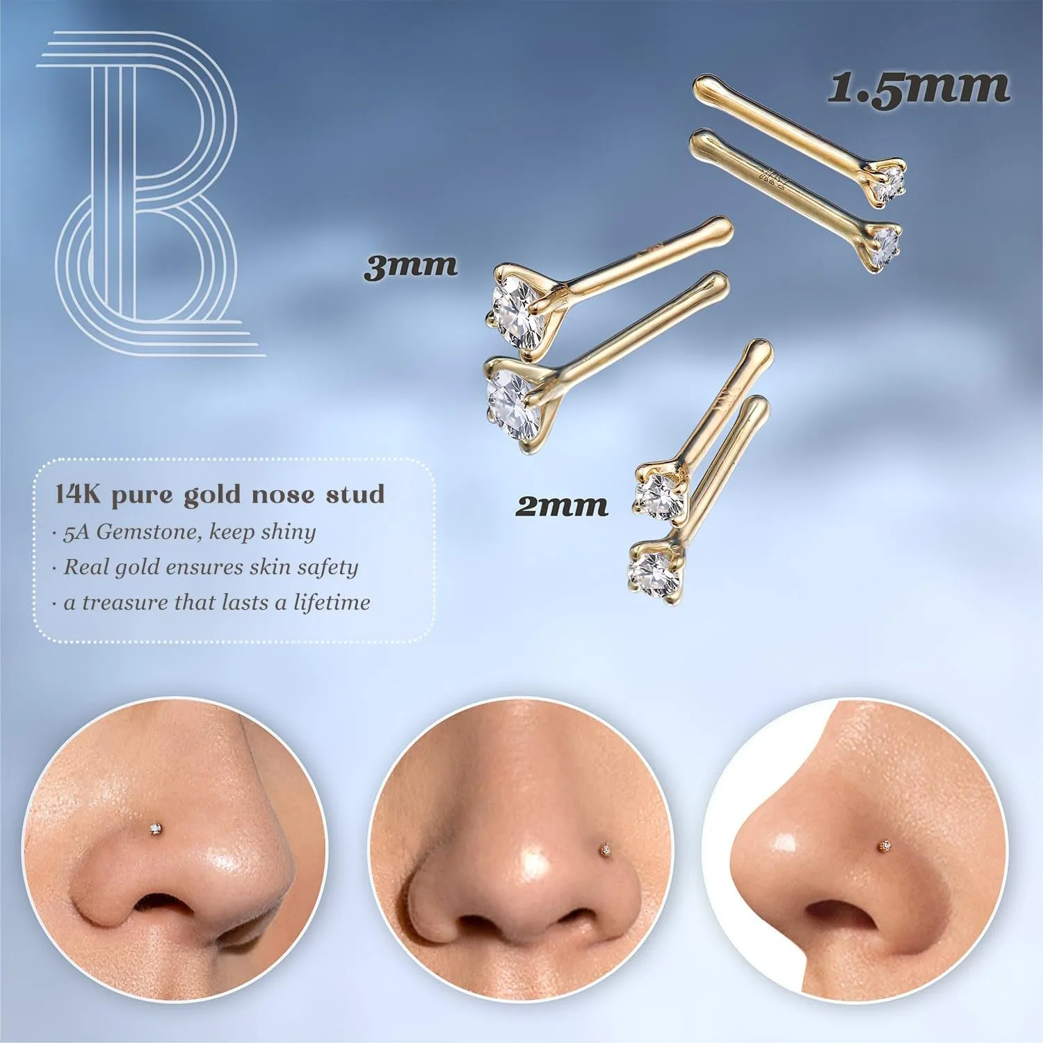 BodyBonita 14K Solid Gold Nose Rings - Twist/Bone Style Nose Stud 18G 20G Screw Shaped CZ Post Hypoallergenic Piercing Jewelry Rings for Women Men 3 mm/2 mm/1.5 mm Cubic Zirconia 7 mm Bar Length