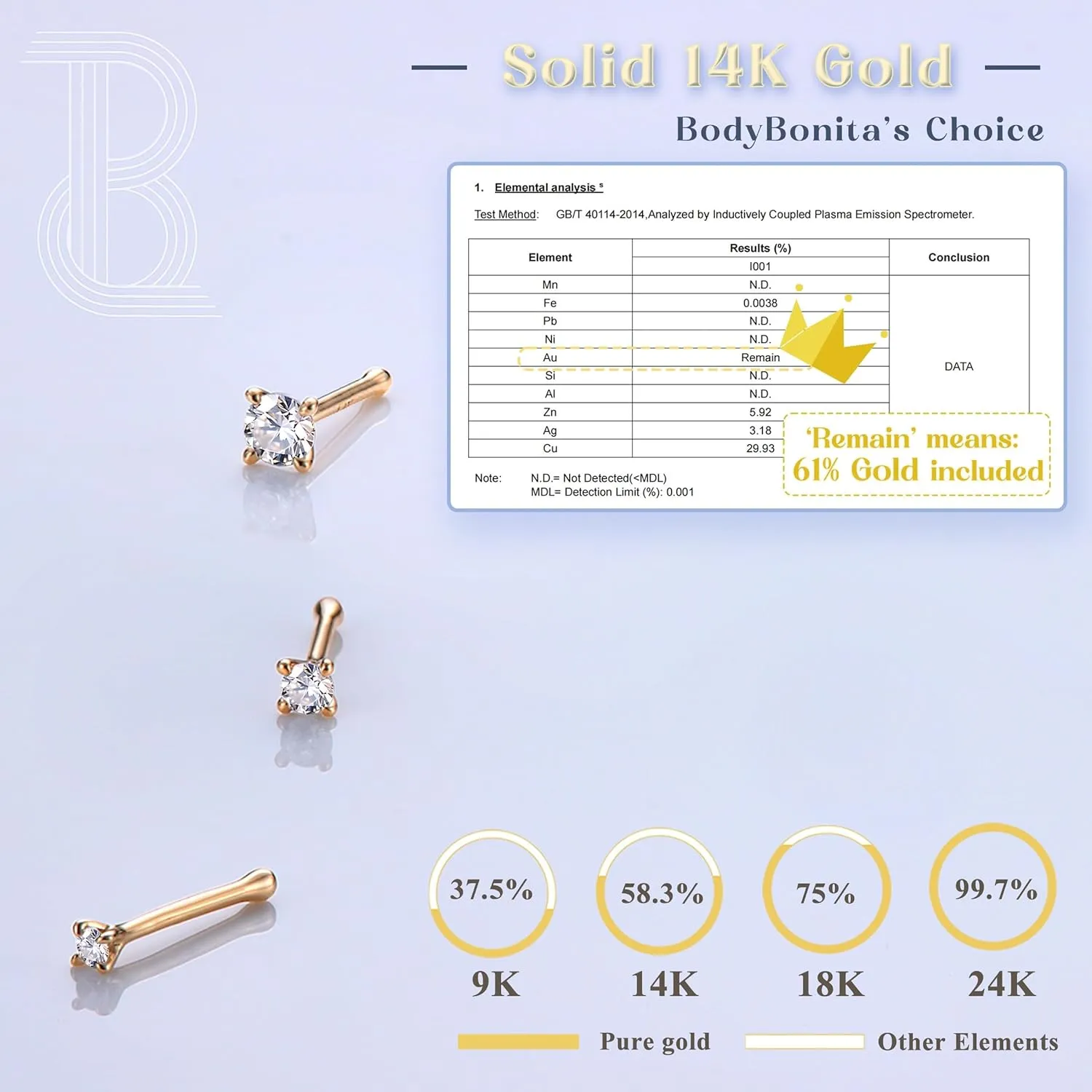 BodyBonita 14K Solid Gold Nose Rings - Twist/Bone Style Nose Stud 18G 20G Screw Shaped CZ Post Hypoallergenic Piercing Jewelry Rings for Women Men 3 mm/2 mm/1.5 mm Cubic Zirconia 7 mm Bar Length