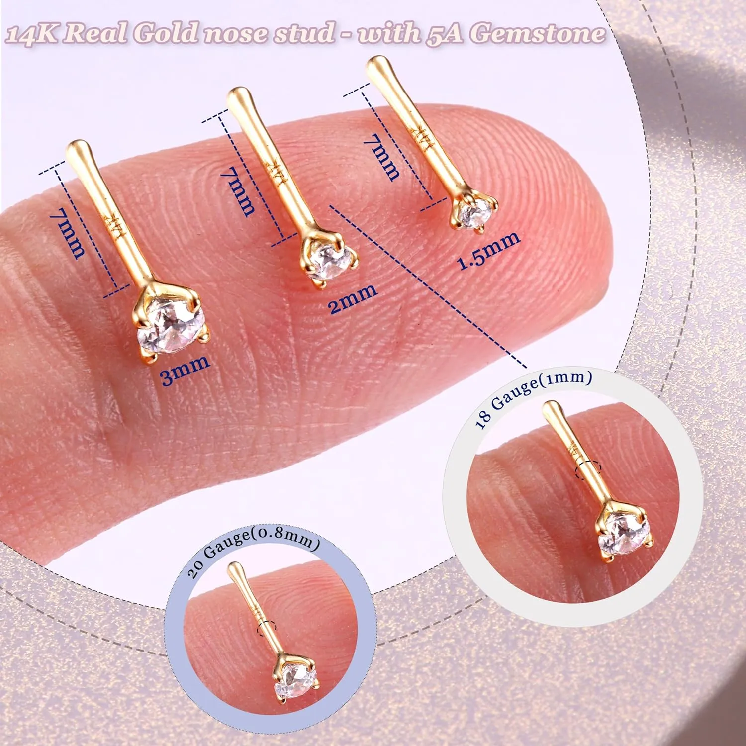 BodyBonita 14K Solid Gold Nose Rings - Twist/Bone Style Nose Stud 18G 20G Screw Shaped CZ Post Hypoallergenic Piercing Jewelry Rings for Women Men 3 mm/2 mm/1.5 mm Cubic Zirconia 7 mm Bar Length