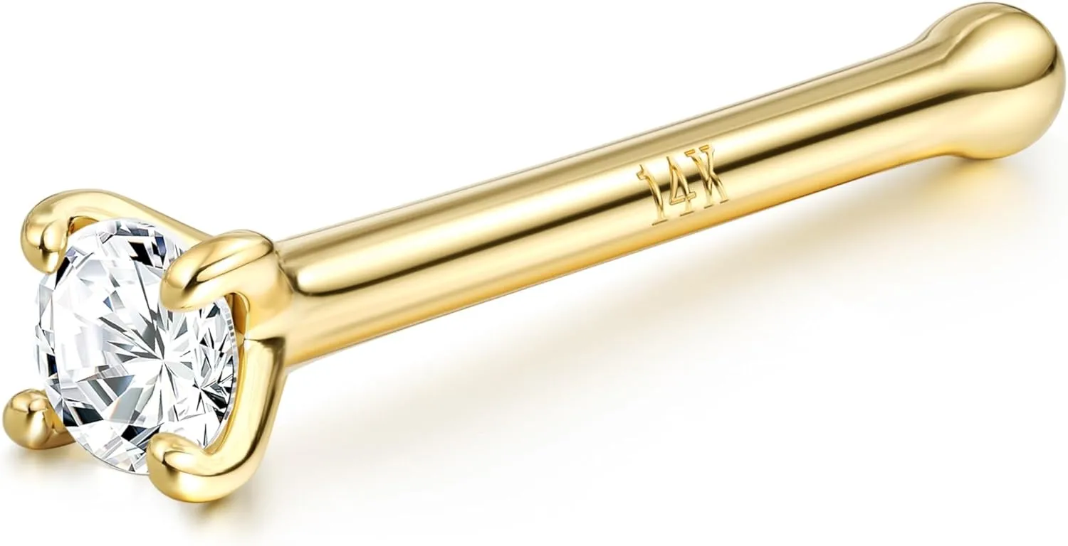 BodyBonita 14K Solid Gold Nose Rings - Twist/Bone Style Nose Stud 18G 20G Screw Shaped CZ Post Hypoallergenic Piercing Jewelry Rings for Women Men 3 mm/2 mm/1.5 mm Cubic Zirconia 7 mm Bar Length