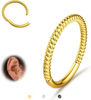 BodyBonita Hinged Nose Rings Hoops - 316L Surgical Steel Twisted Seamless Clicker Cartilage Earrings Septum Rings Jewelry Conch Piercing Tragus Rook Daith Helix for Women Gold/Black/Silver 16G/18G