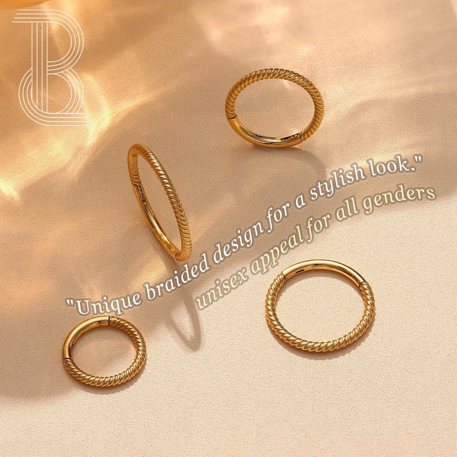 BodyBonita Hinged Nose Rings Hoops - 316L Surgical Steel Twisted Seamless Clicker Cartilage Earrings Septum Rings Jewelry Conch Piercing Tragus Rook Daith Helix for Women Gold/Black/Silver 16G/18G