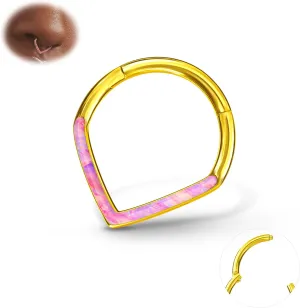 BodyBonita Opal 16G Septum Rings Teardrop - 316L Surgical Steel Hinged Nose Rings Hoops Septum Clicker Hypoallergenic Conch Helix Piercing Jewelry Daith Cartilage Earring Pink 10mm Gold