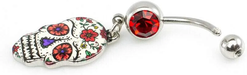 BodyJewelryOnline 316L Surgical Steel 14G Belly Button Rings CZ Dangling Sugar Skull Belly Rings 11mm Curved Barbell Navel Rings Piercing Jewelry 7/16 Inch
