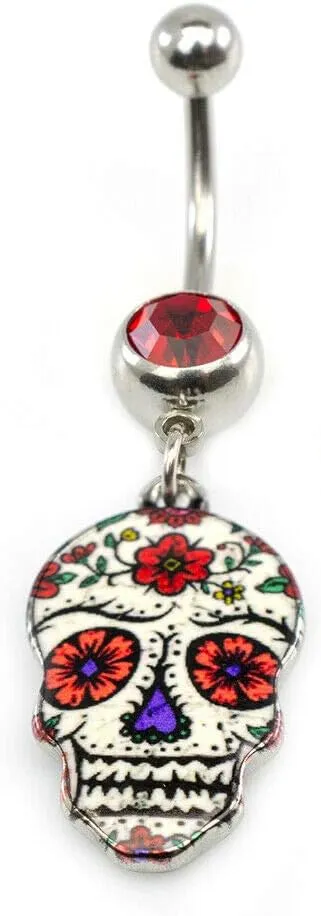 BodyJewelryOnline 316L Surgical Steel 14G Belly Button Rings CZ Dangling Sugar Skull Belly Rings 11mm Curved Barbell Navel Rings Piercing Jewelry 7/16 Inch