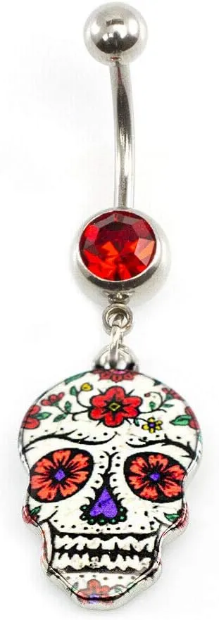 BodyJewelryOnline 316L Surgical Steel 14G Belly Button Rings CZ Dangling Sugar Skull Belly Rings 11mm Curved Barbell Navel Rings Piercing Jewelry 7/16 Inch