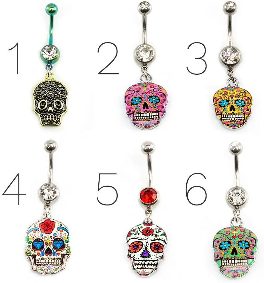BodyJewelryOnline 316L Surgical Steel 14G Belly Button Rings CZ Dangling Sugar Skull Belly Rings 11mm Curved Barbell Navel Rings Piercing Jewelry 7/16 Inch