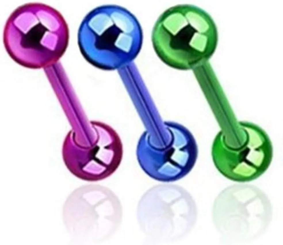 BodyJewelryOnline Titanium Anodized Barbells Tongue Ring Pack [3 Pieces], 14 Gauge, Colors Included: [Purple, Blue Green], Surgical Steel Hypoallergenic, Comfortable, Long-Lasting Color