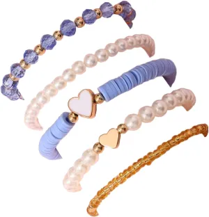 Bohemia Multilayer Heart Imitation Pearl Beaded Stackable Bracelets Set Colorful Surfer Heishi Clay Gold Beads Stretch Bracelets for Women Men Summer Beach Boho Vacation Jewelry Gifts