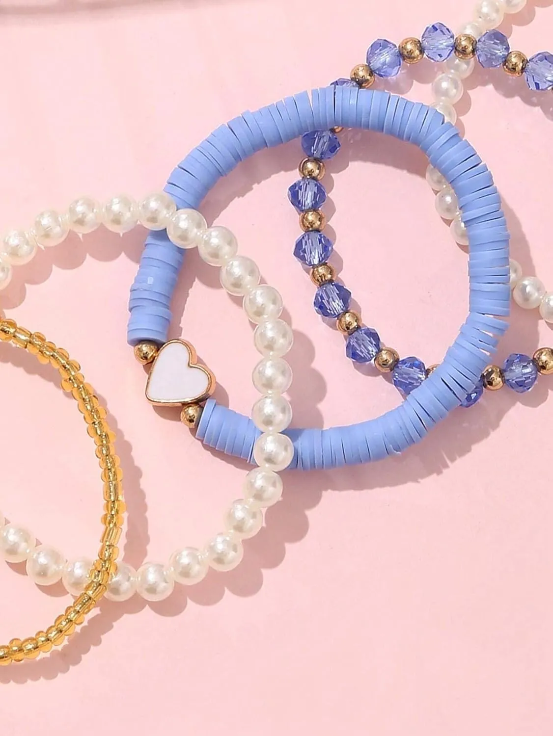 Bohemia Multilayer Heart Imitation Pearl Beaded Stackable Bracelets Set Colorful Surfer Heishi Clay Gold Beads Stretch Bracelets for Women Men Summer Beach Boho Vacation Jewelry Gifts
