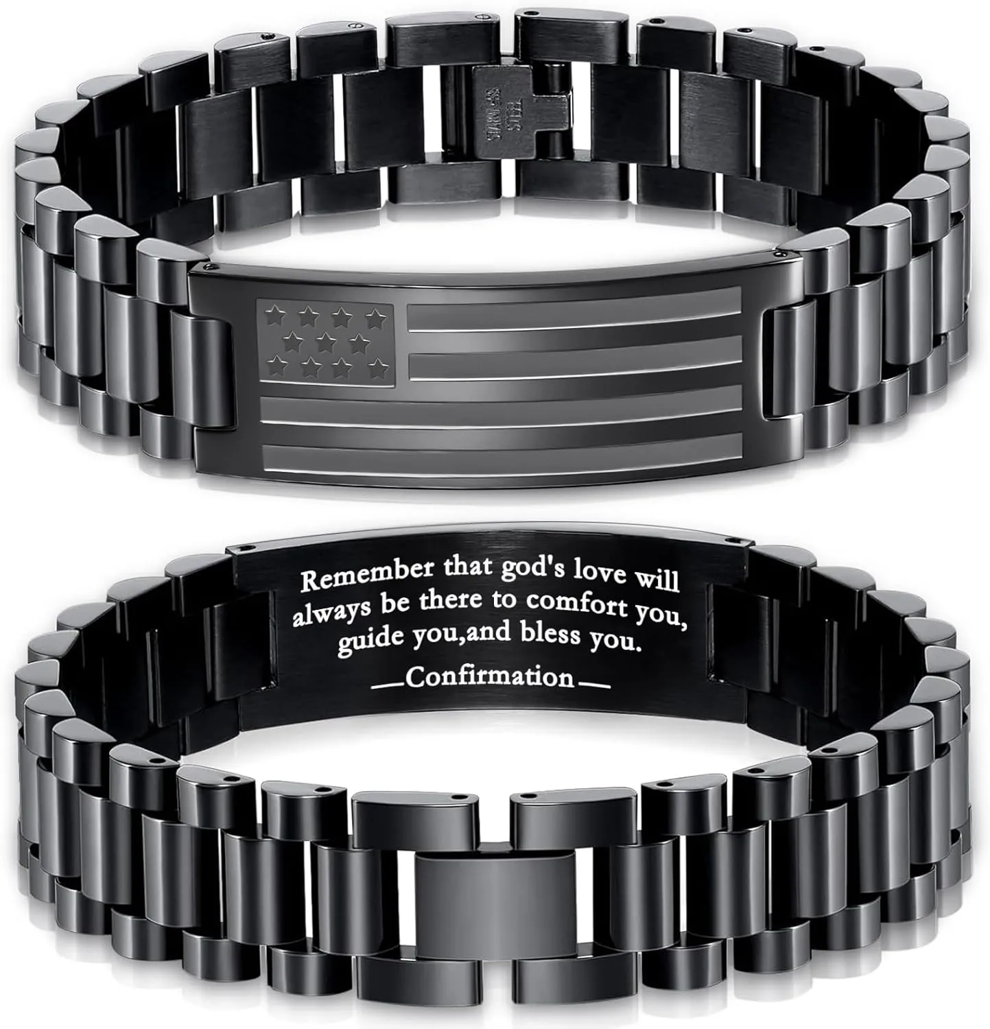 Bracelets for Men-American Flag Bracelets Engarved Bible Verse Stainless Steel Link Bracelet w/Adjust Tool Christian Religious Easter Jewelry Gifts for Son Grandson Dad Boyfriend Brother Grandpa