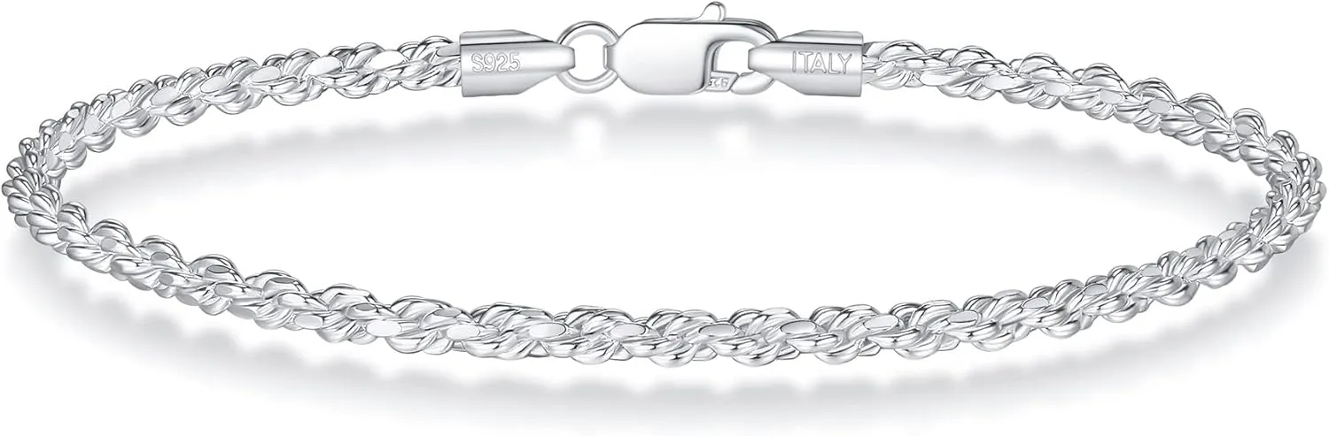 BRIJEWNES 925 Sterling Silver Clasp 2/2.5/3mm Gold | Silver Rope Chain Bracelets for Men Women Solid Diamond Cut Rope Chain Mens Bracelet Chain Bracelets for Men Jewelry Men Gifts