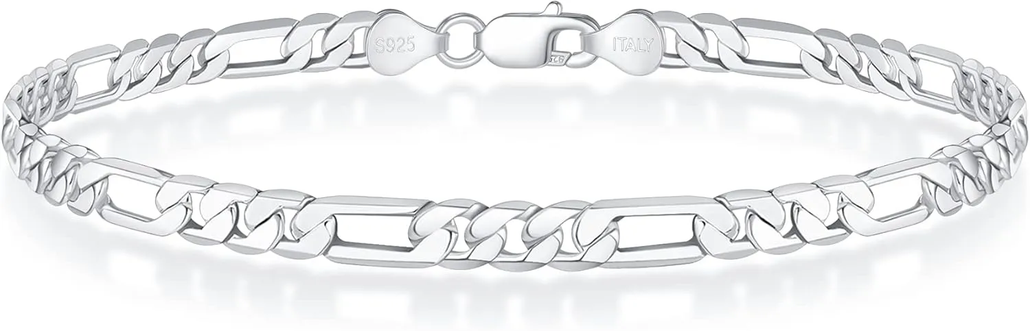 BRIJEWNES 925 Sterling Silver Clasp 4/5mm Figaro Chain Bracelets for Men Women Solid Diamond Cut Figaro Chain Mens Bracelet Chain Bracelets for Men Jewelry Men Gifts