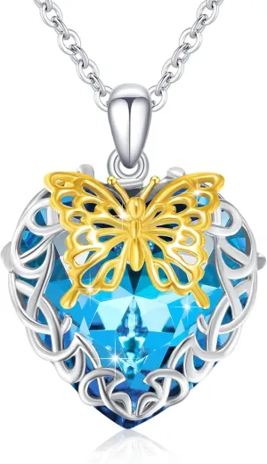 Butterfly Necklace for Women Sterling Silver Celtic Knot Blue Heart Crystal Pendent Fine Butterfly Necklaces Jewelry Birthday Gifts