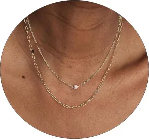 CAROVO Pearl Necklaces for Women Dainty Pearl Necklace Layered Paperclip Tiny Pearl Chain Necklace Delicate Handmade Cultured Pearl Necklace Everyday Jewelry for Gifts