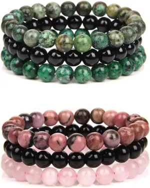 CASDAN 6Pcs 8mm Semi-Precious Gemstones Beaded Bracelets for Women Men Crystal Stone Bracelet Stretch Round Beaded Elastic Bracelets Unisex Jewelry Gifts