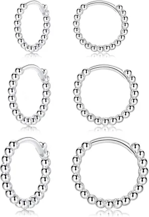 CERSLIMO Silver Hoop Earrings for Women| 3 Pairs Small Sterling Silver Post Beaded Huggie Earrings| Hypoallergenic Tiny Cartilage Sleeper Cuff Jewelry for Men Ladies, 8mm 10mm 12mm