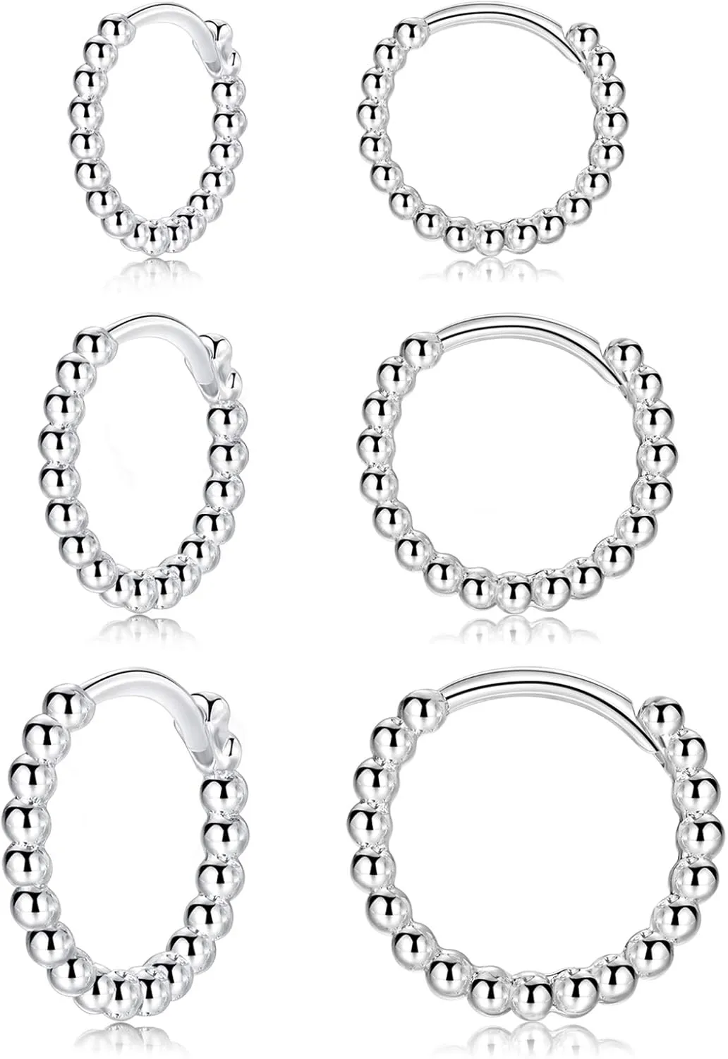 CERSLIMO Silver Hoop Earrings for Women| 3 Pairs Small Sterling Silver Post Beaded Huggie Earrings| Hypoallergenic Tiny Cartilage Sleeper Cuff Jewelry for Men Ladies, 8mm 10mm 12mm