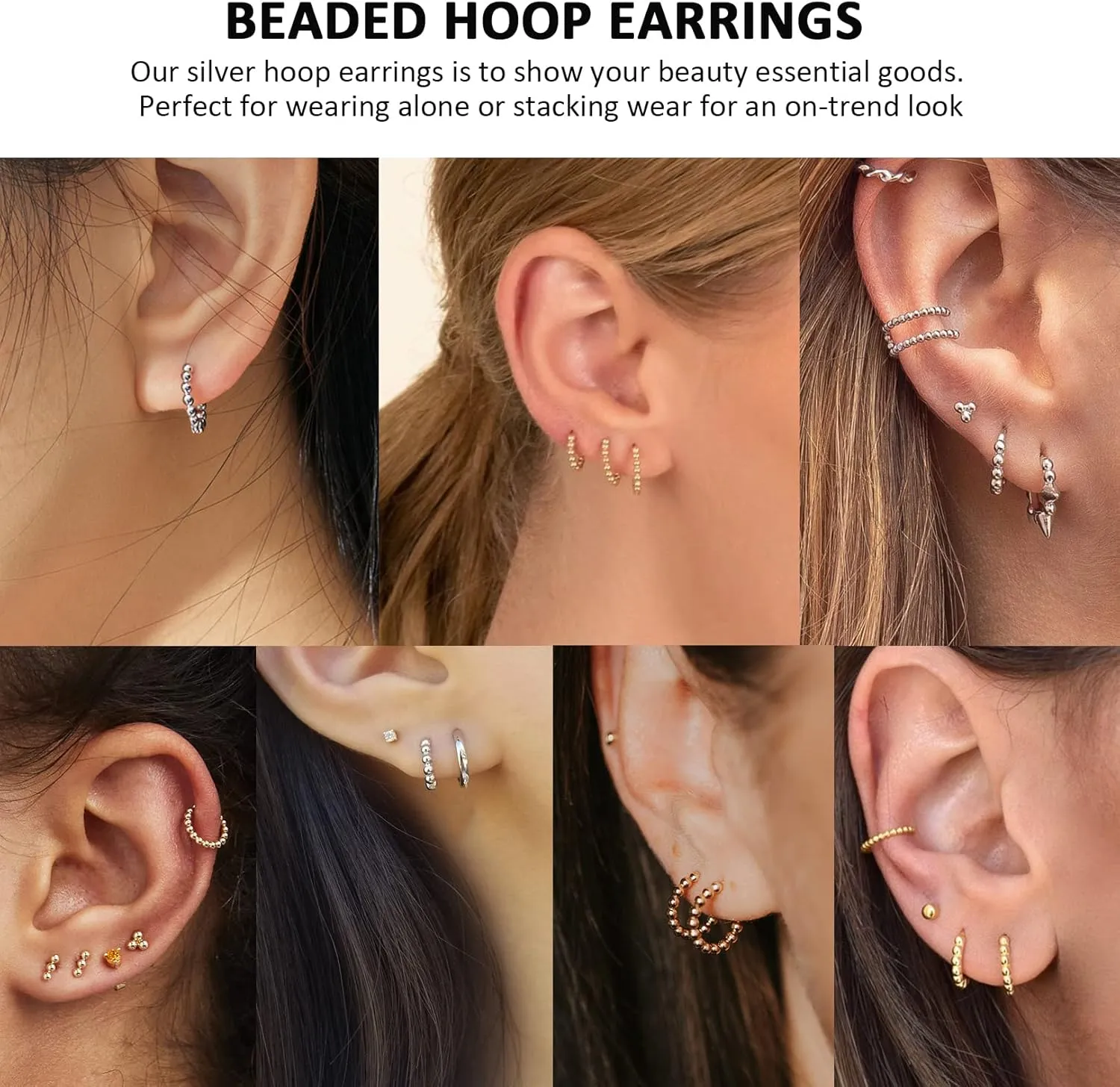CERSLIMO Silver Hoop Earrings for Women| 3 Pairs Small Sterling Silver Post Beaded Huggie Earrings| Hypoallergenic Tiny Cartilage Sleeper Cuff Jewelry for Men Ladies, 8mm 10mm 12mm