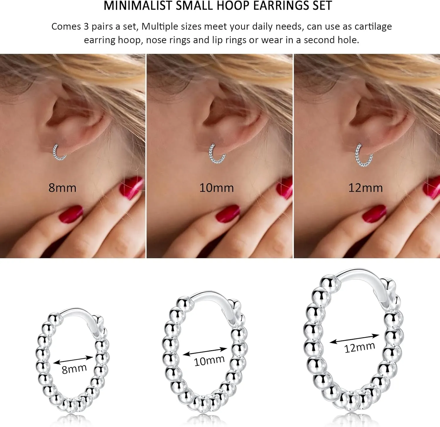 CERSLIMO Silver Hoop Earrings for Women| 3 Pairs Small Sterling Silver Post Beaded Huggie Earrings| Hypoallergenic Tiny Cartilage Sleeper Cuff Jewelry for Men Ladies, 8mm 10mm 12mm