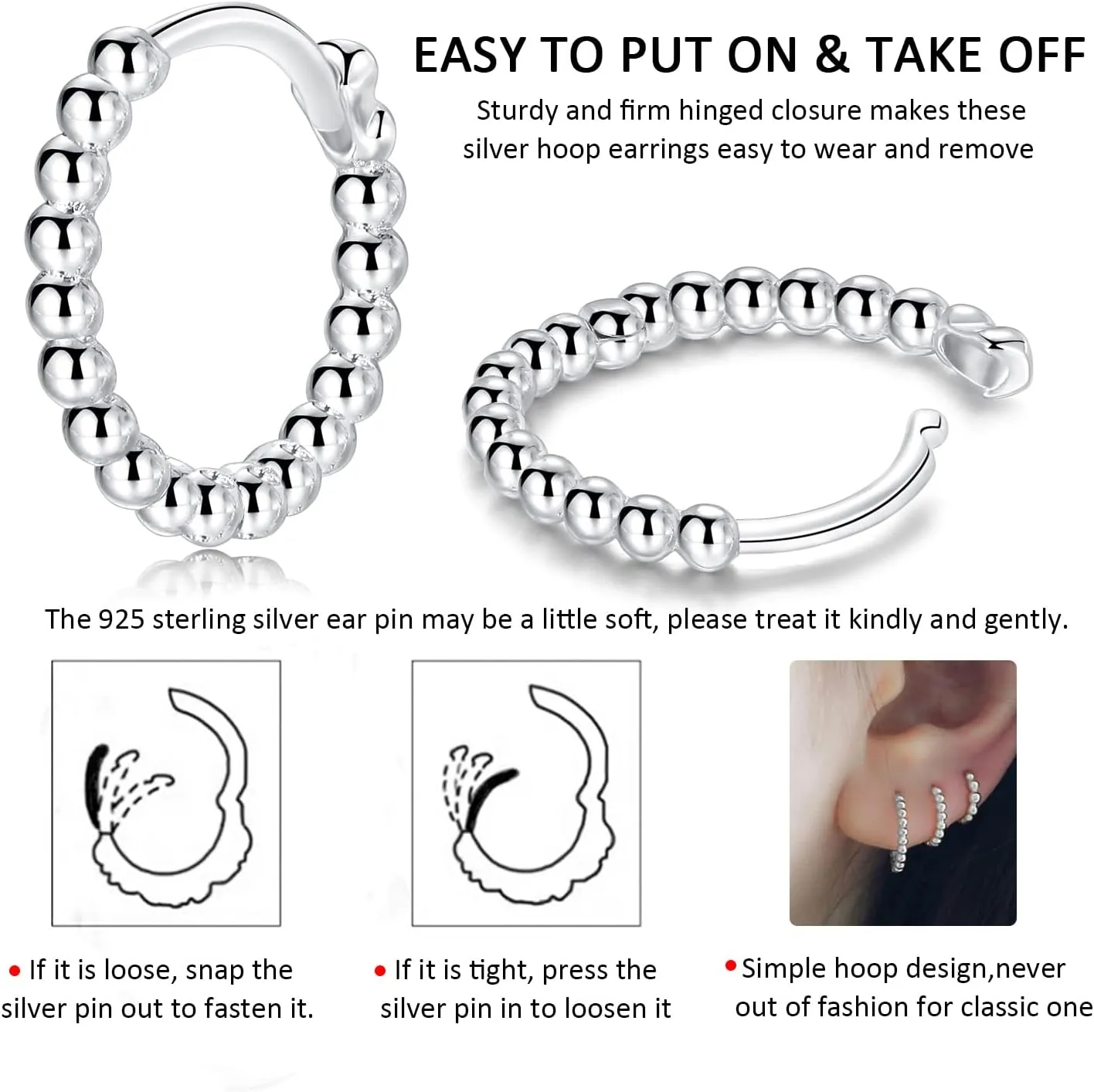 CERSLIMO Silver Hoop Earrings for Women| 3 Pairs Small Sterling Silver Post Beaded Huggie Earrings| Hypoallergenic Tiny Cartilage Sleeper Cuff Jewelry for Men Ladies, 8mm 10mm 12mm
