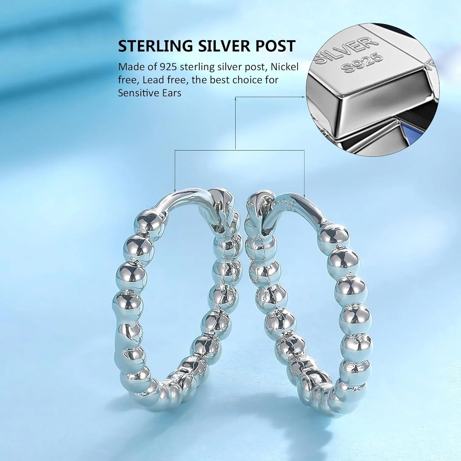 CERSLIMO Silver Hoop Earrings for Women| 3 Pairs Small Sterling Silver Post Beaded Huggie Earrings| Hypoallergenic Tiny Cartilage Sleeper Cuff Jewelry for Men Ladies, 8mm 10mm 12mm