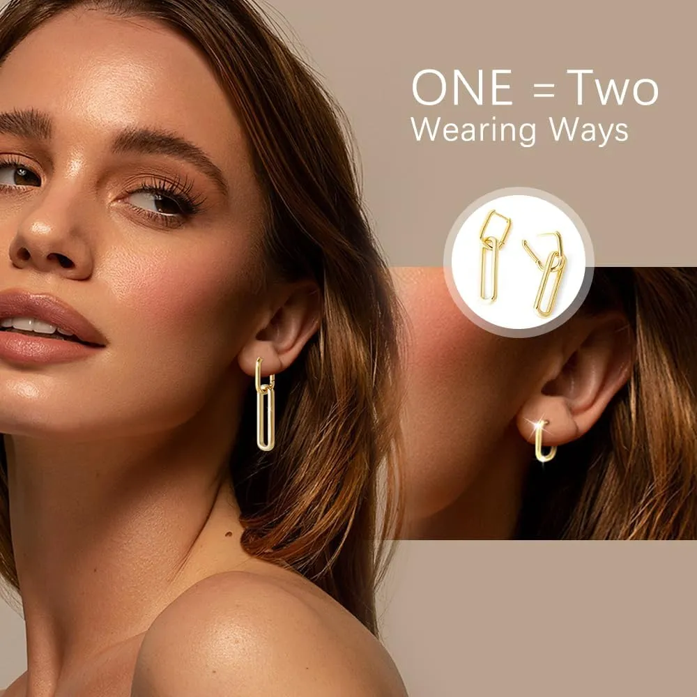 Chain Link Chain Earrings for Women - 18k Gold Plated Convertible Hoops Earings, Small Square Drop Earings, U shaped Earings for Sensitive Pierced Earlobes