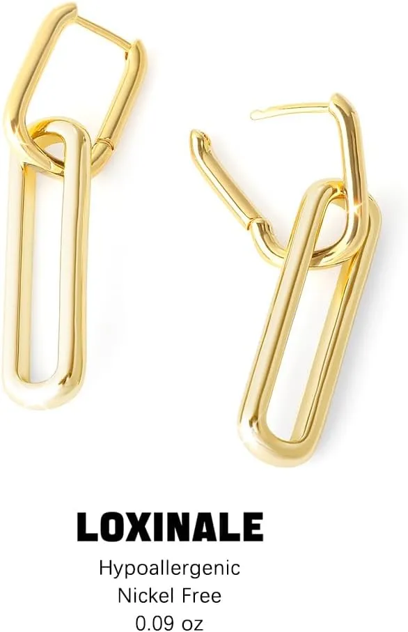 Chain Link Chain Earrings for Women - 18k Gold Plated Convertible Hoops Earings, Small Square Drop Earings, U shaped Earings for Sensitive Pierced Earlobes
