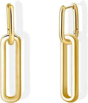 Chain Link Chain Earrings for Women - 18k Gold Plated Convertible Hoops Earings, Small Square Drop Earings, U shaped Earings for Sensitive Pierced Earlobes