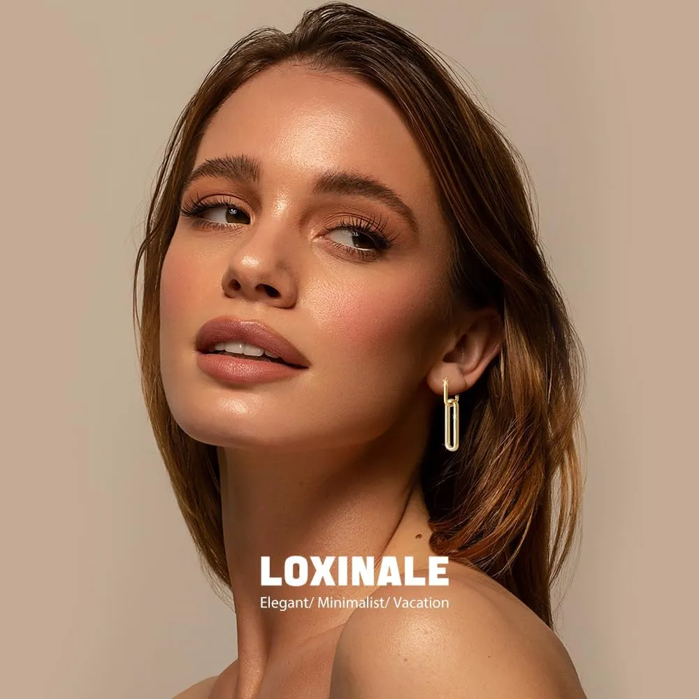 Chain Link Chain Earrings for Women - 18k Gold Plated Convertible Hoops Earings, Small Square Drop Earings, U shaped Earings for Sensitive Pierced Earlobes