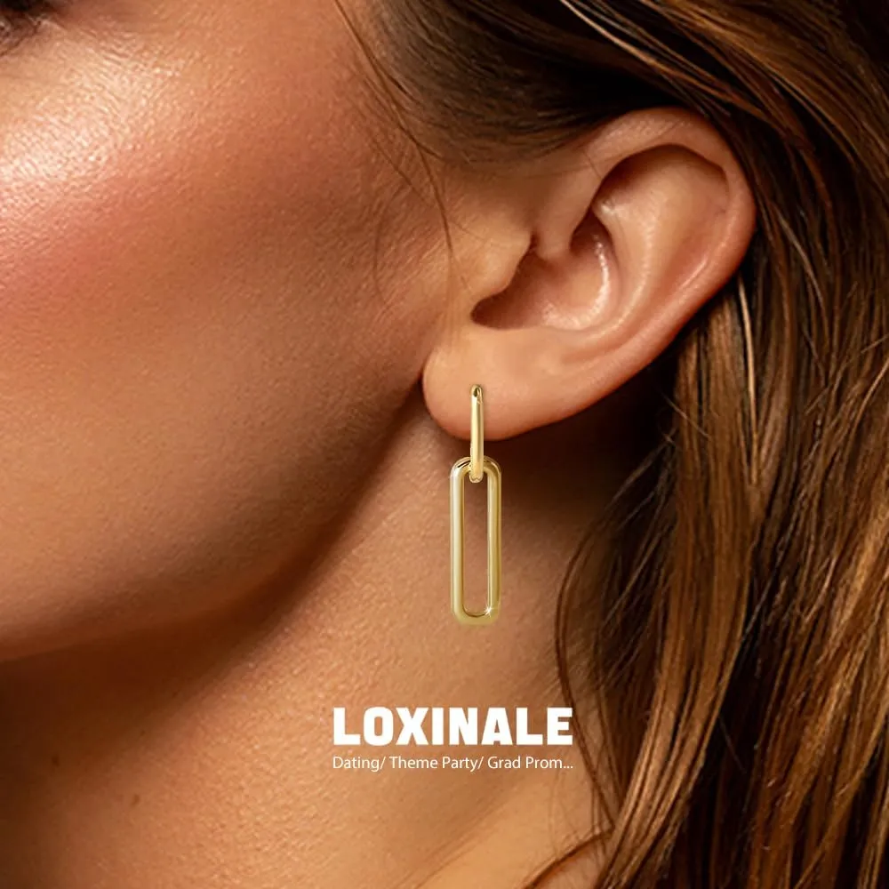 Chain Link Chain Earrings for Women - 18k Gold Plated Convertible Hoops Earings, Small Square Drop Earings, U shaped Earings for Sensitive Pierced Earlobes