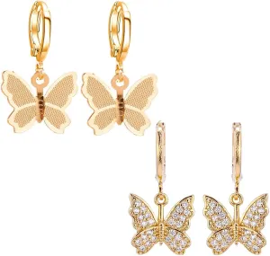 Charm Butterfly Hoop Earrings, 14K Gold Small Dangle Earrings, Crystal Drop Earring Silver Rhinestones for Women