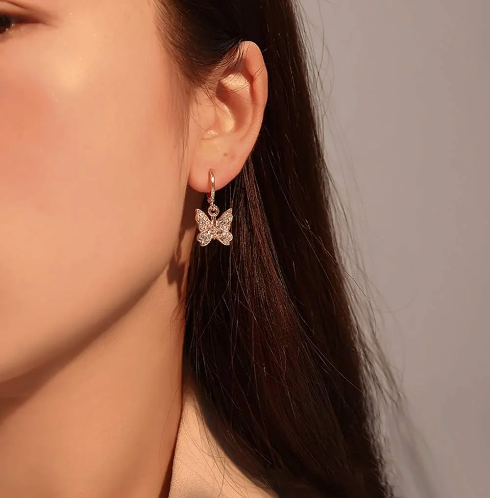 Charm Butterfly Hoop Earrings, 14K Gold Small Dangle Earrings, Crystal Drop Earring Silver Rhinestones for Women