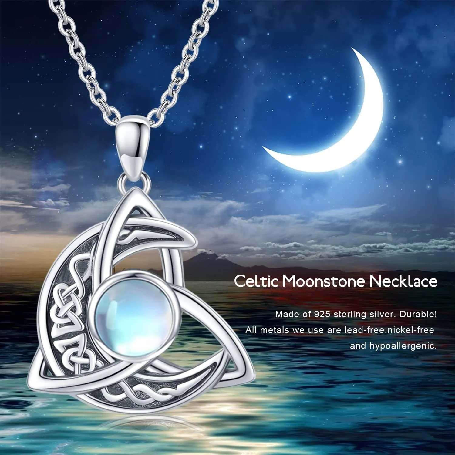 CHENGHONG Celtic Moon Necklace for Women 925 Sterling Silver Celtic Knot Moonstone Pendant Necklace Crescent Irish Necklaces Celtics Jewelry Gift for Women Men