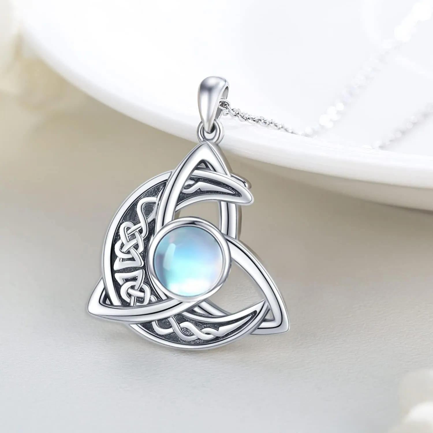 CHENGHONG Celtic Moon Necklace for Women 925 Sterling Silver Celtic Knot Moonstone Pendant Necklace Crescent Irish Necklaces Celtics Jewelry Gift for Women Men