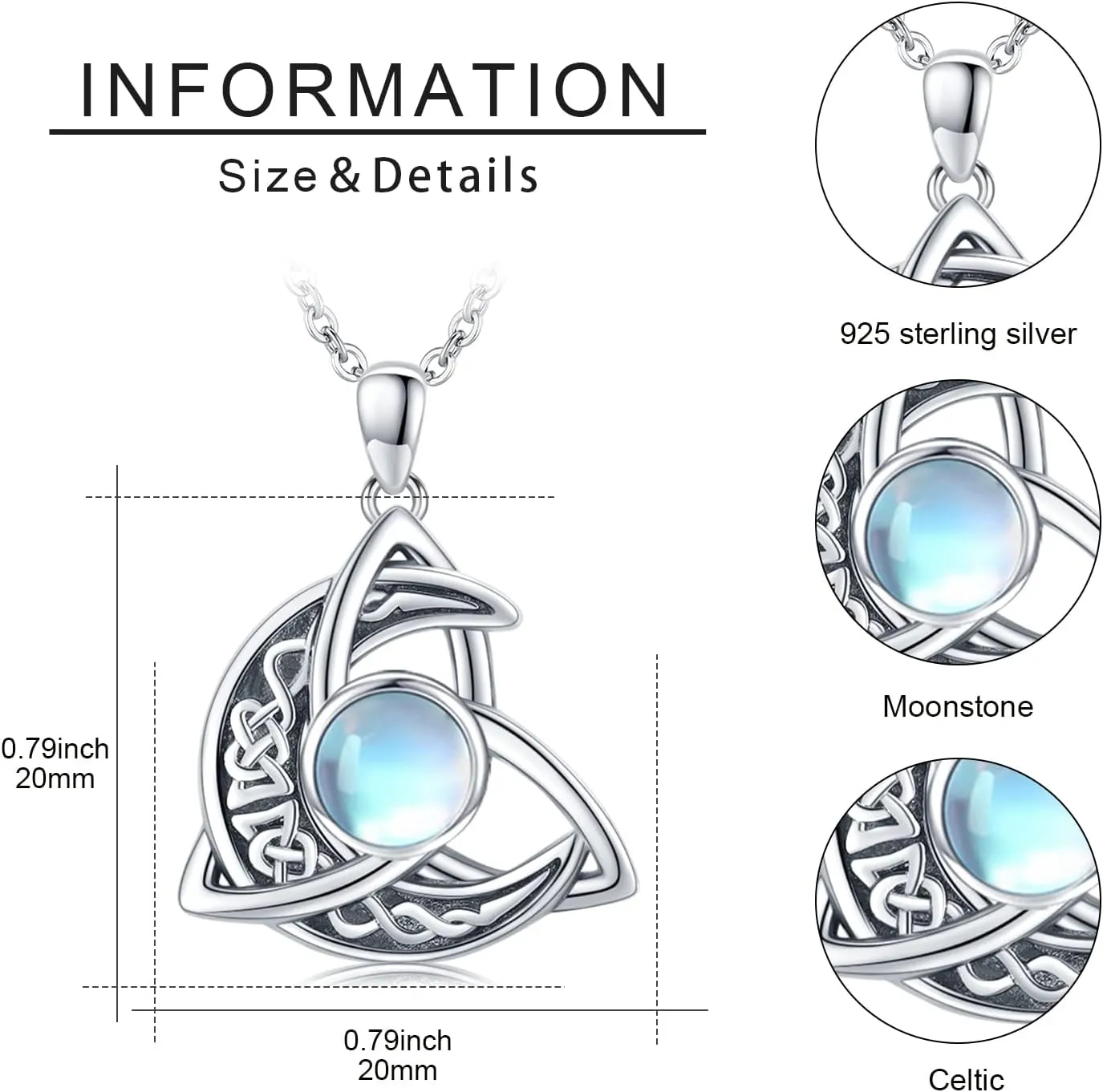 CHENGHONG Celtic Moon Necklace for Women 925 Sterling Silver Celtic Knot Moonstone Pendant Necklace Crescent Irish Necklaces Celtics Jewelry Gift for Women Men